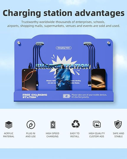 8-Port Wall Mounted Charging Station with Universal Cables – Fast Charging Dock for iPhone, Android & Type-C Devices – Perfect for Office, Airport, Hotel & School Use (Blue)