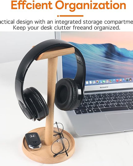 Yookin Wood Headphone Stand Headset Stand for Deak Universal Headphone Holder with Storgae Base Handcrafted Desk Organizer for Gaming Headsets(Beech Wood)
