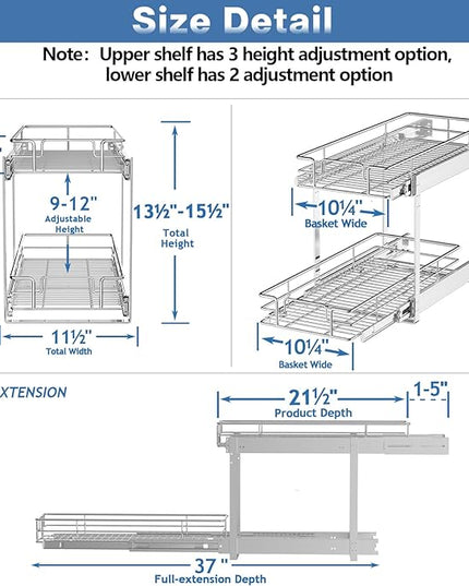ROOMTEC Individual Pull Out Cabinet Organizer (11½" W x 21½" D), 2 Tier Spice Rack Organizer for Cabinet, Slide Out Drawer Pantry Shelf Organization and Storage for Kitchen Bathroom