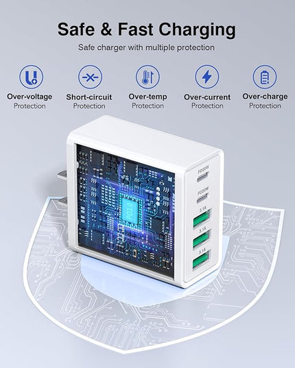[2-Pack] USB C Wall Charger,60W 5-Port PD Fast USB C Charging Block,2USB C+3USB A Multiport Plug,Type C Power Adapter Brick Cube for iPhone 17/16/15/14/13/12/Pro Max/XS,iPad,for Switch,Samsung,Ultra 2