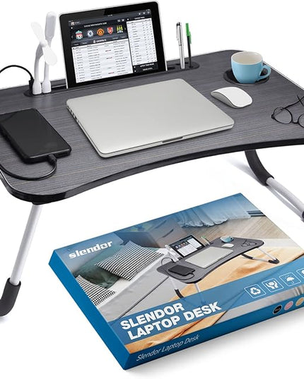 Slendor Lap Desk with Cup Holder, Foldable Laptop Table for Bed, Portable Bed Desk for Laptop and Writing, Computer Tray with Tablet Slot, Notebook Stand Reading Holder for Couch Sofa Floor,Black