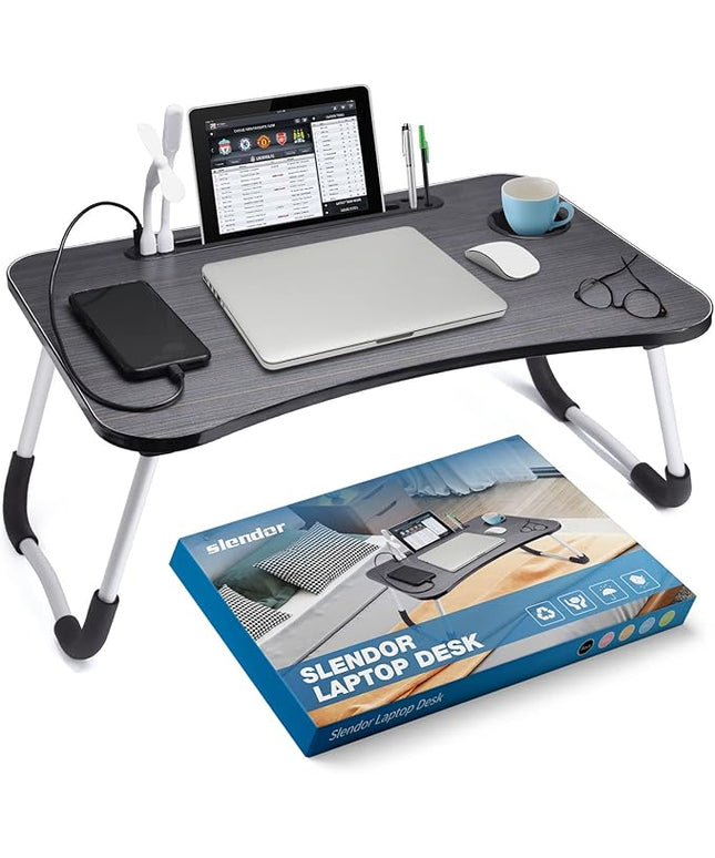 Slendor Lap Desk with Cup Holder, Foldable Laptop Table for Bed, Portable Bed Desk for Laptop and Writing, Computer Tray with Tablet Slot, Notebook Stand Reading Holder for Couch Sofa Floor,Black