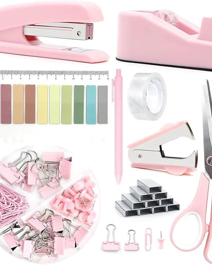 Office Supplies,Desk Accessories, Stapler and Tape Dispenser Set for Women with Stapler, Tape Dispenser, Staple Remover, Staples, Clips, Scissor and Tabs,Gift for Students, Coworkers