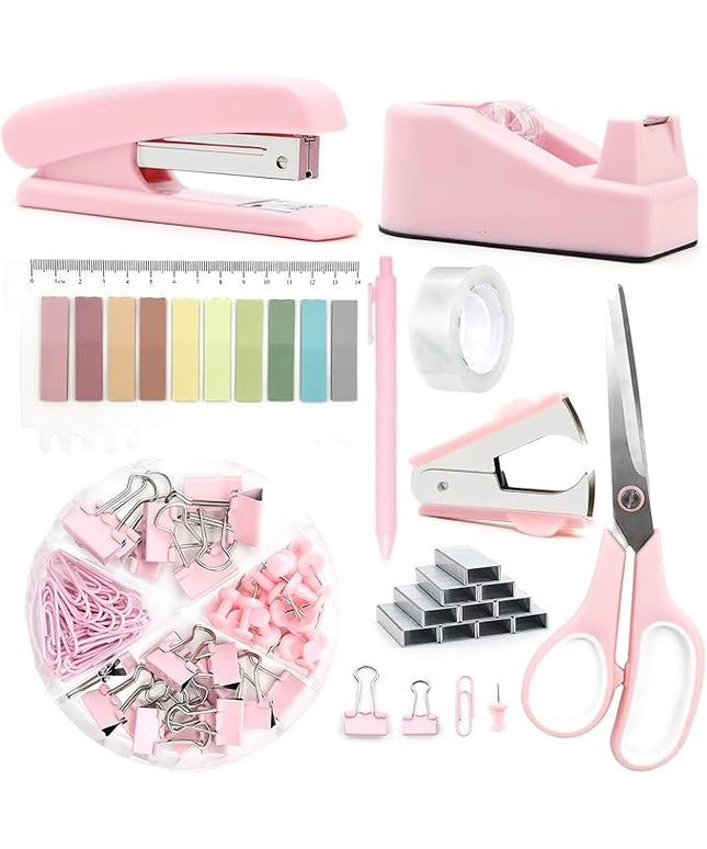 Office Supplies,Desk Accessories, Stapler and Tape Dispenser Set for Women with Stapler, Tape Dispenser, Staple Remover, Staples, Clips, Scissor and Tabs,Gift for Students, Coworkers
