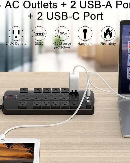 QINLIANF Surge Protector Power Strip - 6Ft Flat Plug Heavy Duty Extension Cord with 24 Outlets and 4 USB Ports(2 USB-C Ports), 1875W/15A, 4100J, for Home, Office, Dorm, ETL Listed, Black