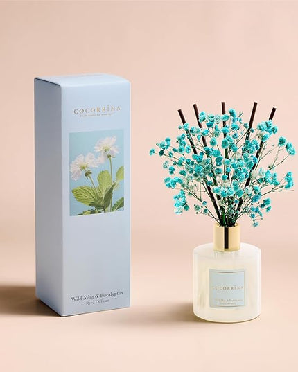 COCORRÍNA Reed Diffuser - Wild Mint & Eucalyptus 6.7 Fl.oz Reed Diffuser Set with Sticks & Preserved Baby's Breath, Reed Diffuser for Home Bathroom Shelf Decor