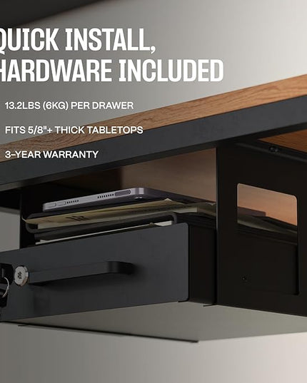 Under Desk Drawer Slide-Out – Lockable Metal Storage Drawer with Cable Management for Office & Home (Single, Bracketed)