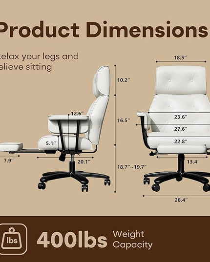 Criss Cross Chair with Wheels and Arms, Reclining Office Chair with Footrest and Wide Seat, Leather Big and Tall Desk Chair 400LBS, Button Tufted Vintage Design, White