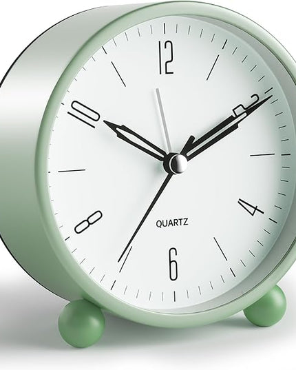 Analog Alarm Clock, 4 inch Super Silent Non Ticking Small Clock with Night Light, Battery Operated, Simple Design, Old Fashioned Style Ideal Decor, for Bedroom, Bedside, Desk, Adult, Kid, Gift, Green