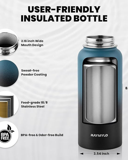 Insulated Water Bottle 32 oz, Triple Wall Vacuum Stainless Steel (Cold for 48 Hrs, Hot for 24Hrs), Leak Proof & Non-BPA, 32oz Hydro Water Flask with Paracord Handle & Straw Spout Lids
