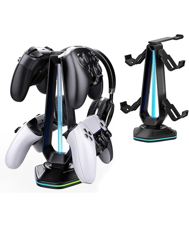 RGB Headset Stand with 9 Light Modes and 2 USB Charging Ports - Controller Holder for Desk - Headphone Stand & Detachable Controller Hook for PC Earphone Gaming Room Setup Accessories
