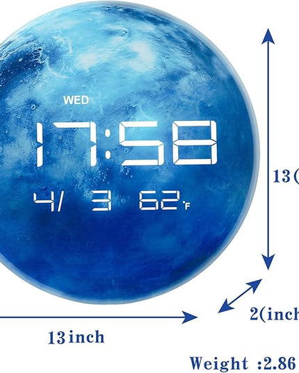 13" Digital Wall Clock with LED Display, Calendar & Temperature, Automatic Dimming, 12/24hr Format, Wall & Desk Use - HUI-7862