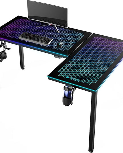 EUREKA ERGONOMIC RGB LED Lights 60 Inch L Shaped Reversible Black Glass Gaming Desk Home Office Computer Table GTG L60