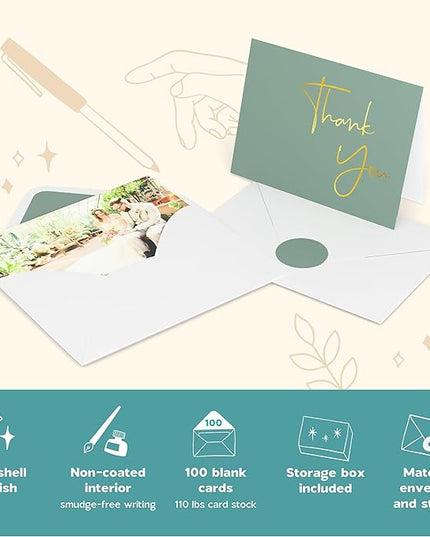 VNS Creations Gold Foil Thank You Cards With Envelopes Bulk Set & Stickers - 100 Pack 4x6 Blank Thank You Notes - Large Note Card Small Business, Wedding, Baby Shower & Bridal Shower - Granite Green