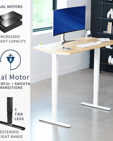 VIVO Electric 55 x 28 in Dual Motor Sit Stand Desk, Memory Height Adjustment, 2B Series, Light Wood Top White Frame, DESK-KIT-2W55C