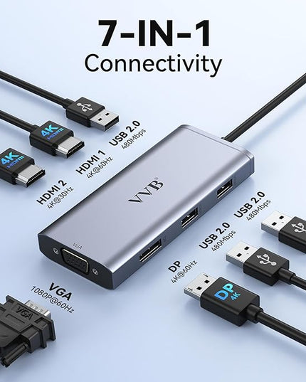 USB C to Dual HDMI Adapter,USB C Docking Station Dual Monitor Hub for Dell/HP/Lenovo Laptop,iPhone 15,USB C Hub Dongle Multi Monitors Adapter with 2 HDMI Ports+Displayport DP Port+VGA+3 USB