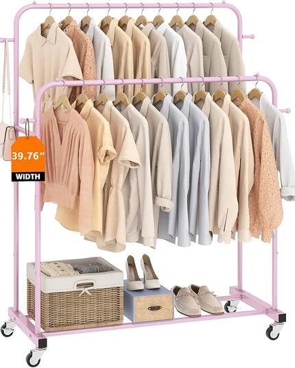 Laiensia Double Rods Garment Rack with Wheels, Clothing Rack for Hanging Clothes,4 Hooks, Multi-Functional Bedroom Clothes Rack, Pink