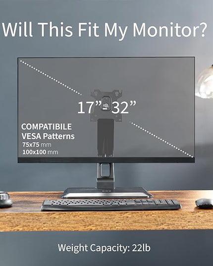 VIVO Premium Single 17 to 32 inch VESA Monitor and Touch Screen Desk Stand with Rotating Base, Freestanding Pneumatic Height Adjustable Arm, 12 inch Maximum Screen Height, Black, STAND-V001R