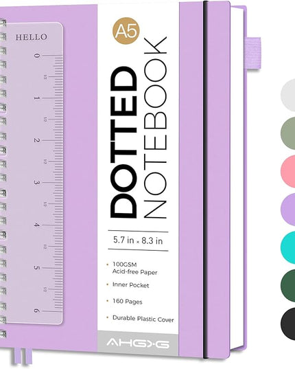 AHGXG Bullet Dotted Journal - Dot Grid Spiral Notebook A5, 160 Pages, 100 GSM Thick Paper, Waterproof Plastic Cover Journals for Bullet Journaling, Sketching, 5.7" x 8.3", Purple