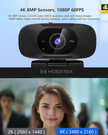 4K Webcam with Microphone, 1080P 60fps Webcam for PC, 8MP UHD 92° Wide Angle Len, Automatic Light Correction, USB Camera with Privacy Cover, External Computer Camera for Business Meeting/Video Call
