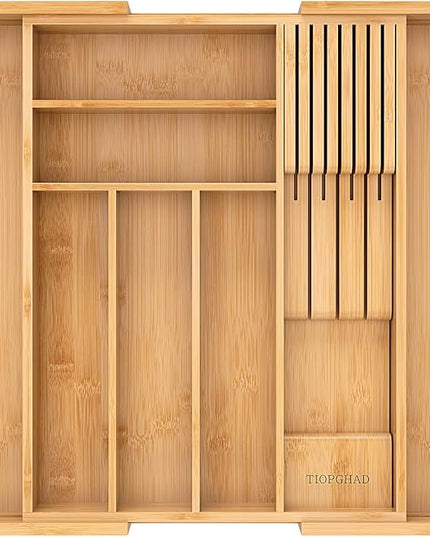 Bamboo-Silverware-Drawer-Organizer-Kitchen, Expandable Utensil Holder Cutlery Tray Flatware Organization Adjustable Wood Tableware Dividers Storage (with Removable Knife Block)(Natural)