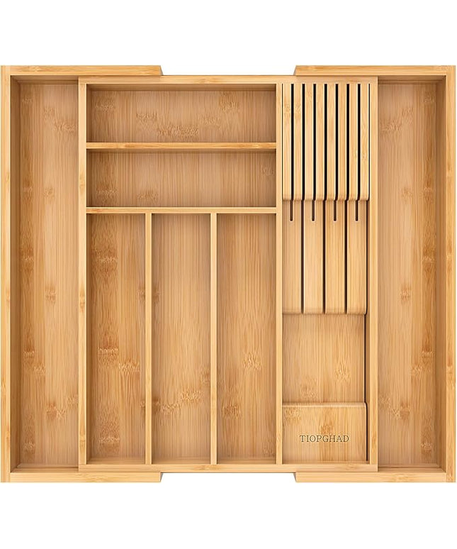 Bamboo-Silverware-Drawer-Organizer-Kitchen, Expandable Utensil Holder Cutlery Tray Flatware Organization Adjustable Wood Tableware Dividers Storage (with Removable Knife Block)(Natural)
