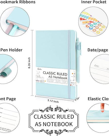 feela 12 Pack Notebooks Journals Bulk, Hardcover Notebook Classic Ruled Lined Journals with Pen Holder for Women Girls School Business Supplies, with 12 Black Pens, 120 GSM, 5.1”x8.3”, A5, Sky Blue