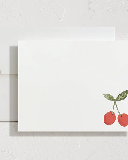 Minted Twin Cherries Stationery Set, Set of 10, Flat Note Cards & Envelopes for Invitiations and Handwritten Thank You Messages, Red Cherry Fruit Illustration, Gifts for Men and Women, Luxurious Paper