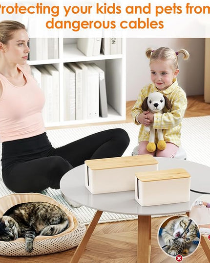 Delamu 2 Pack Cable Management Box Wooden, Wood Box with Lid Safe ABS Cord Hider Box Medium and Small Cable Organizers for Cords, Cable Raceways Power Strip Cover Box Baby Pet Proof for Home Office