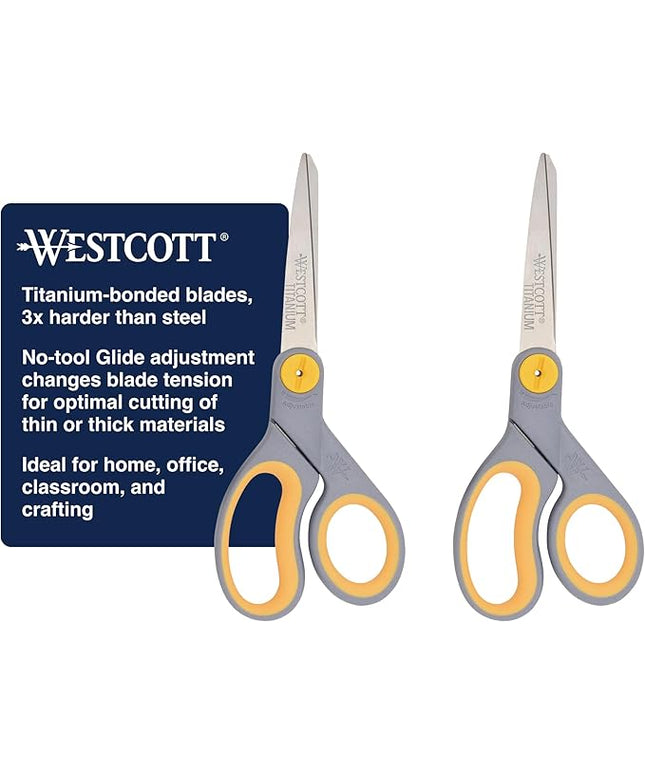 Westcott 8” Titanium Bonded Scissors with Adjustable Glide and Soft Handle, 2-Pack- Durable Multipurpose Scissors for Office, Home, and School Use, Sharp Precision Blades for Everyday Cutting