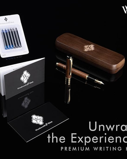 Wordsworth & Black Fountain Pen Set, Luxury Bamboo Wood - Medium Nib, Gift Case; Includes 6 Ink Cartridges, Ink Refill Converter -Journaling, Calligraphy, Drawing, Smooth Writing [Brown Wood]