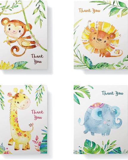 Twigs Baby Shower Thank You Cards with Envelopes - 12 Set Simple Baby Shower Cards, New Baby Congratulations Cards, Welcome Baby Card, Made in the USA - Jungle Animal Designs, 5.5 x 4.25 Inch Size