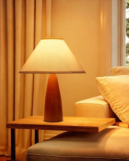 Bedside Table Lamp for Bedroom, Mid-Century Modern Plug in Fabric Shade & Solid Wood Base Desk Lamp, Plug & Play Red Wood Nightstand Lamp for Living Room, Office 【Bulb Included】