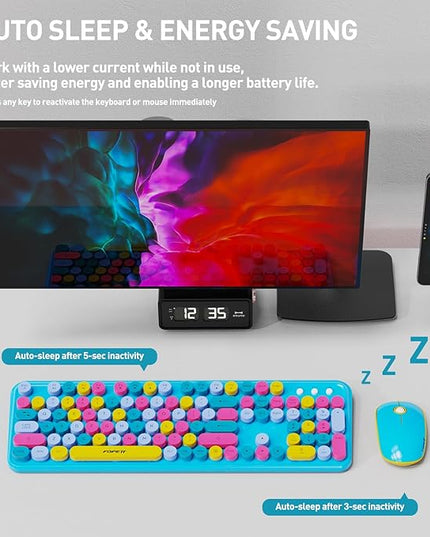 FOPETT 2.4GHz Wireless Keyboard and Mouse Set with Switch Button - Full-Size Keyboard - Compatible for Windows/Laptop/PC/Notebook/Smart TV and More - Blue Colorful