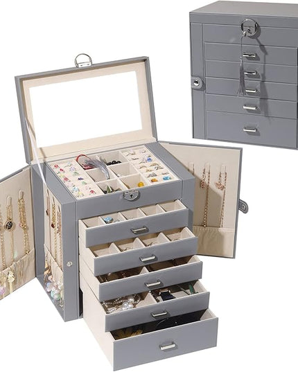 BOOVO Jewelry Box For women, 6 Layer Large Jewelry Organizer With Mirror, Multi-Function Storage Box With Lock, Accessory Holder With 5 Drawers, For Earrings Necklace Ring Bracelet (Gray)