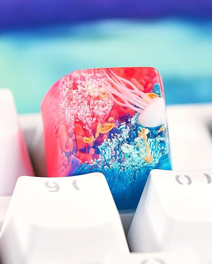 Jellyfish Artisan Keycap Blue Pink Coral Reef R1 SA Profile Custom Sea Creature Keycaps 1U ESC Handmade Gaming Sea Resin Key Cap Cherry MX Switch Compatible Mechanical Keyboard Jellyfish Lover Gift