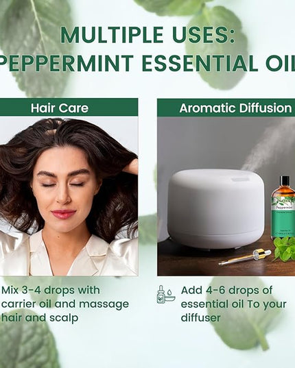 PHATOIL Peppermint Essential Oil, Huge 3.38 Fl Oz Pure and Natural, Premium Grade Essential Oil for Diffuser and Aromatherapy