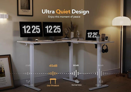 Claiks L Shaped Standing Desk Adjustable Height, Dual Motor Electric Corner Standing Desk, 63x55 inch Sit Stand up Desk with Splice Board, White