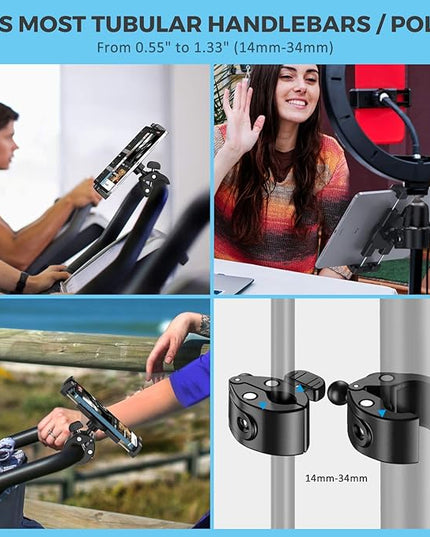 KDD Spin Bike Tablet Holder Mount, Phone iPad Holder Stand Exercise Bike Handlebar Mount for Stationary Bicycle, Treadmill, Microphone Stand, Fit for iPad Pro 12.9, Galaxy Tabs, iPhone(4.7-13”)