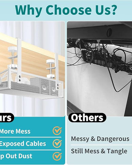 Under Desk Cable Management Tray White, No Drill Desk Cable Management Organizer with Clamp for Desk Wire Management, PC Cord Organizer Accessories & Workspace Organizers for Office, Home