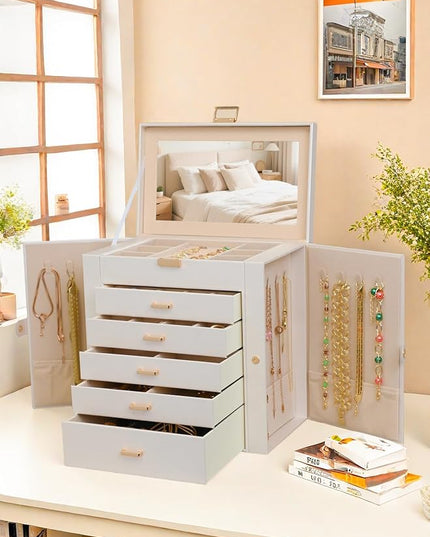 BOOVO Jewelry Box For women, 6 Layer Large Jewelry Organizer With Mirror, Multi-Function Storage Box With Lock, Necklace Holder With 5 Drawers, For Earrings Necklace Bracelet (Pearl White and Gold)