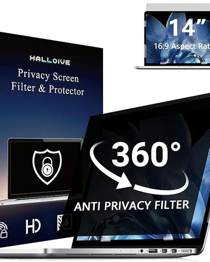 4-Way Laptop Privacy Screen Shield 14 Inch, Removable 16:9 Aspect 360° Privacy Filter Screen Protector for 14 Inch Laptop Computer, Anti Glare Blue Light Slide Mount Tabs Cover for Generic Laptop