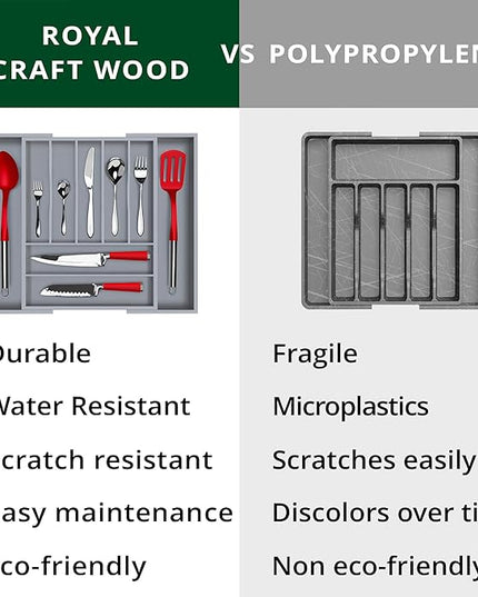 ROYAL CRAFT WOOD Luxury Bamboo Kitchen Drawer Organizer - Silverware Organizer - Utensil Holder and Cutlery Tray with Grooved Drawer Dividers for Flatware and Kitchen Utensils (9 Slot, Gray)