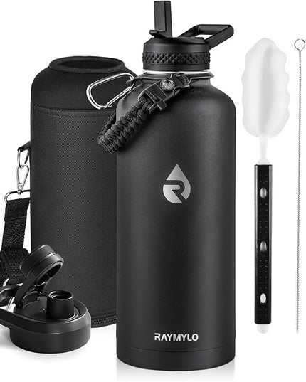 Insulated Water Bottle 87 oz, Triple Wall Vacuum Stainless Steel (Cold for 48 Hrs), Leak Proof & Non-BPA, Modern Water Flask Jug with Paracord Handle & Straw Spout Lids, Magic Black