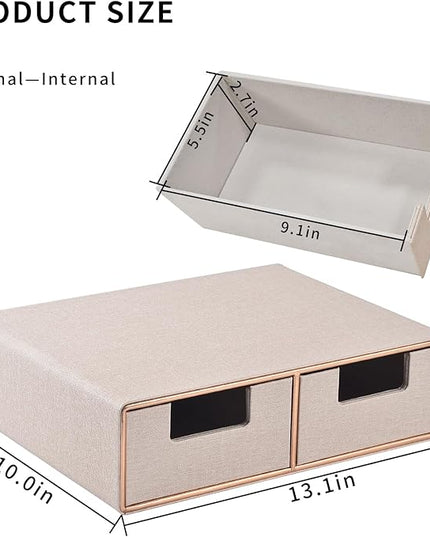 RHCSZ Linen Leather Desk Organizer with Drawers－Mini Desktop Drawer Organizer Stackable－Multifunctional Tabletop Organization Storage Box for Office Supplies Home Vanity Toiletries (Beige, 2-drawers)