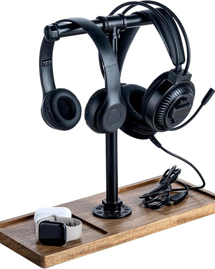 FARM IN Solid Acacia Wood Headphone Stand for Desk Industrial Headset Holder with Storage Base for Gaming and Office Accessories