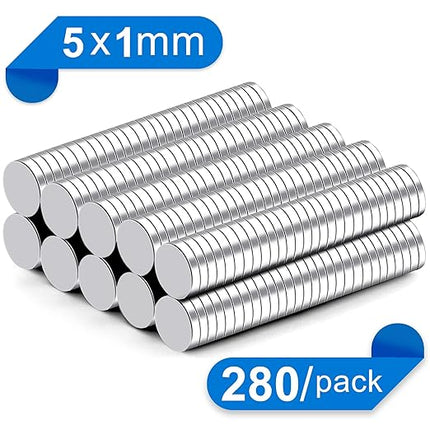 TRYMAG 280Pcs 5x1mm Small Strong Neodymium Magnets, Tiny Rare Earth Round Fridge Magnets for Whiteboard, Office, DIY, Science, Photo - Come with a Storage Case