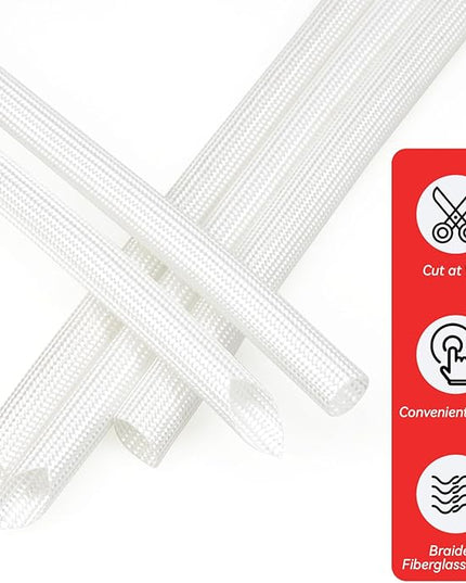 Braided Fiberglass Sleeve, 10ft High Temp Cable Sleeve, Flexible Cable Management Cable Protector for Car Wire Loom Protection (White, 1/4")