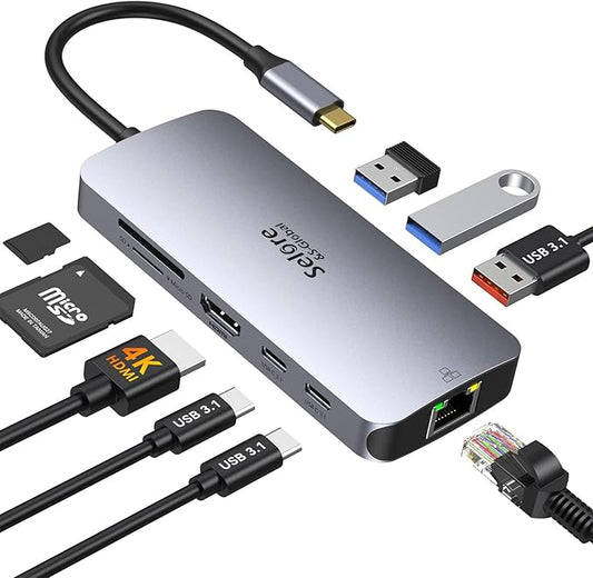 USB C Adapters for MacBook Pro/Air, Selore 9 in 1 USB C Hub with 4K HDMI, 2 * 10Gbps USB-C 3.1 GEN2 Port, 1Gbps Ethernet, USB 3.1 10Gbps Data Ports, 2*USB 3.0 dongle for Dell, HP and More