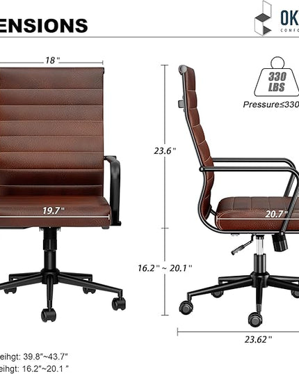 Okeysen Genuine Leather Office Desk Chair, Mid-Century Modern Real Leather Conference Room Chairs, Ergonomic Executive Ribbed Height Adjustable Swivel Rolling Chair for Home Office.